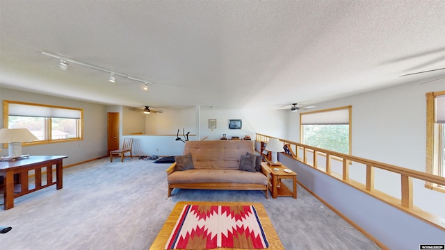 living area with rail lighting, light colored carpet, a textured ceiling, and baseboards