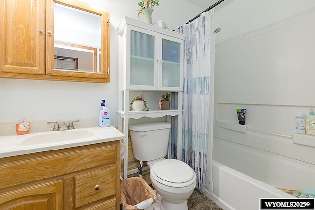 full bath with toilet, shower / tub combo, ornamental molding, and vanity