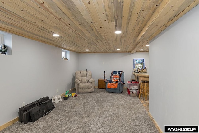 playroom featuring carpet, wood ceiling, baseboards, and recessed lighting