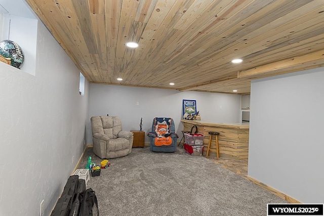 recreation room featuring carpet floors, recessed lighting, wood ceiling, and baseboards