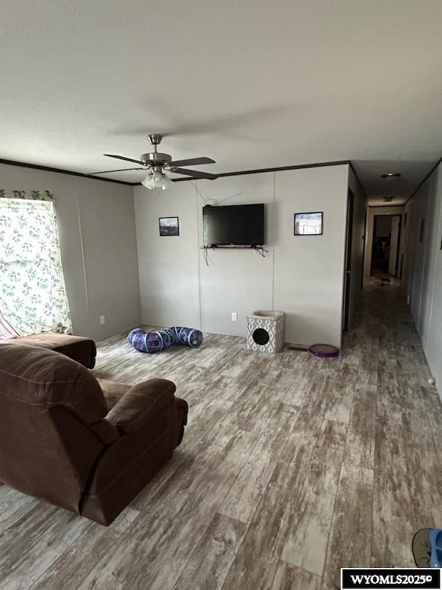 living area with a ceiling fan and wood finished floors