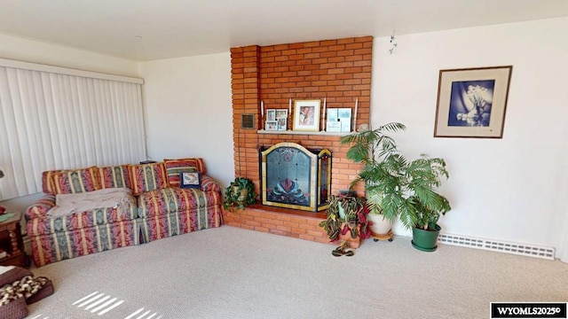 living area with visible vents, a brick fireplace, and carpet flooring