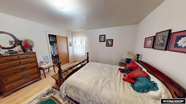 bedroom with wood finished floors and a closet