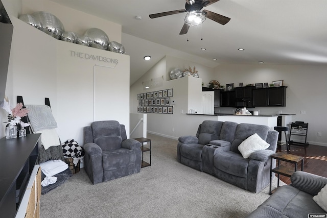 living room with vaulted ceiling, ceiling fan, recessed lighting, and baseboards