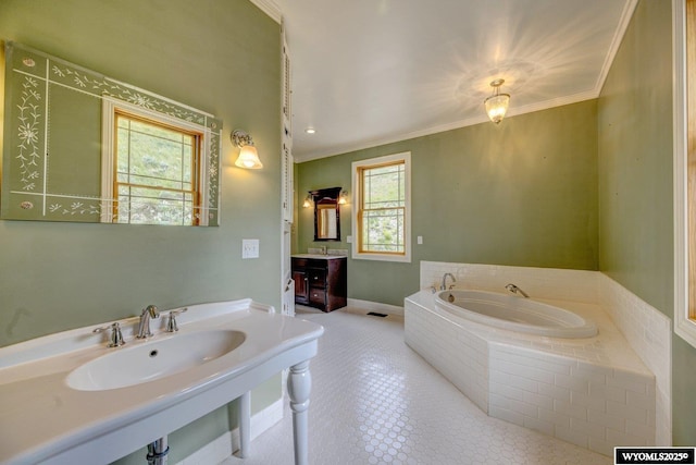 bathroom featuring ornamental molding, tile patterned floors, visible vents, and a bath