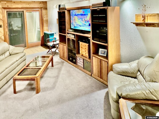 living room featuring a textured wall and carpet floors