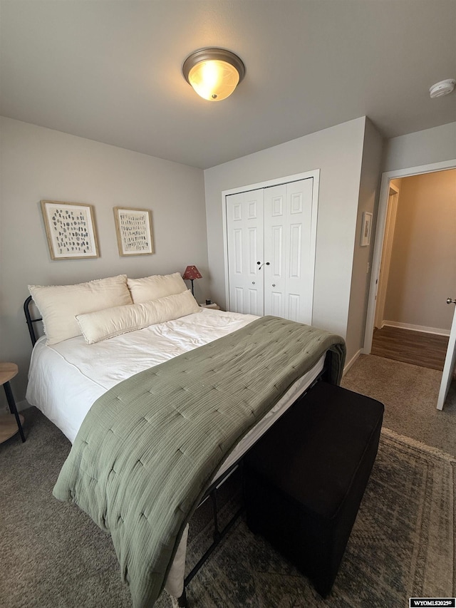 bedroom featuring carpet floors, a closet, and baseboards