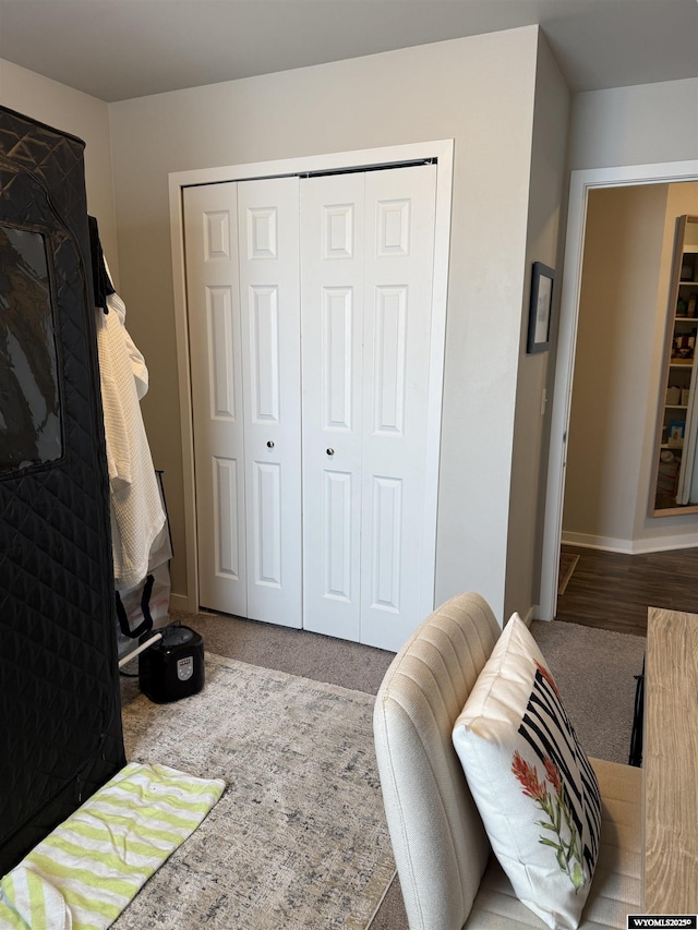 bedroom with a closet, carpet flooring, and baseboards