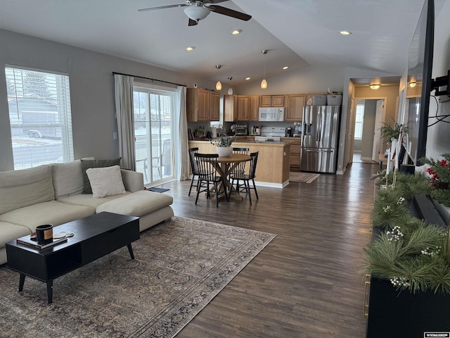 living room with dark wood-type flooring, lofted ceiling, ceiling fan, and recessed lighting