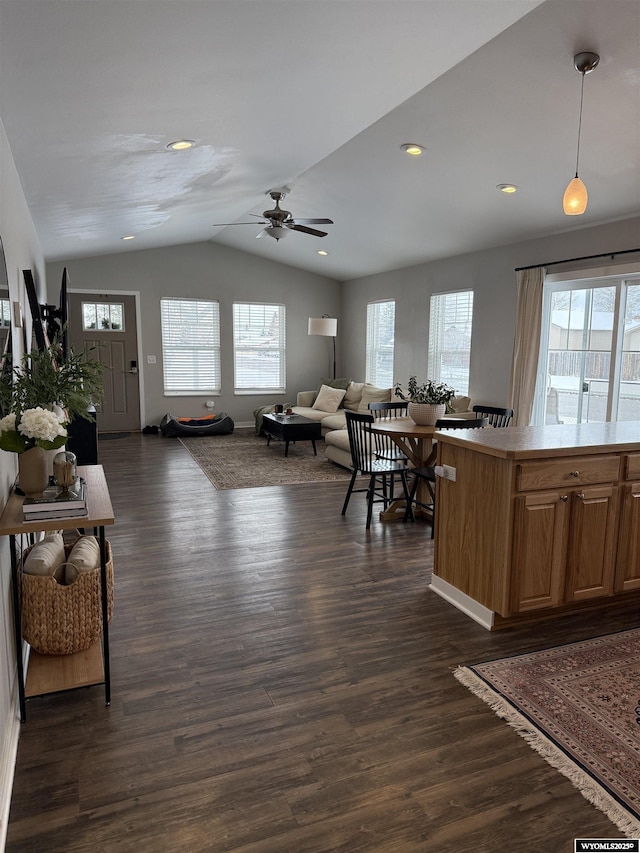 kitchen featuring lofted ceiling, plenty of natural light, open floor plan, and dark wood-style flooring