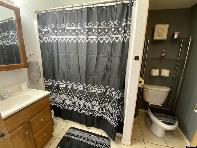 full bath with toilet, curtained shower, vanity, and tile patterned floors