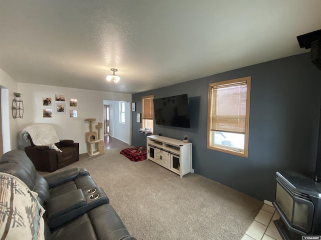 living area featuring a wood stove and light colored carpet