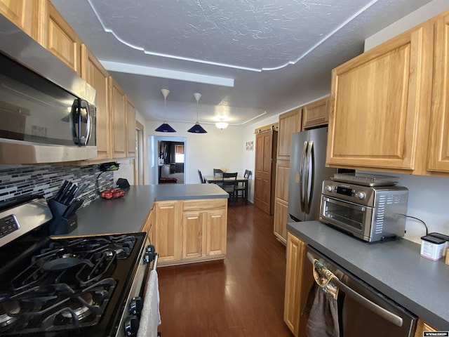 kitchen featuring dark wood-style floors, a toaster, a barn door, appliances with stainless steel finishes, and a peninsula