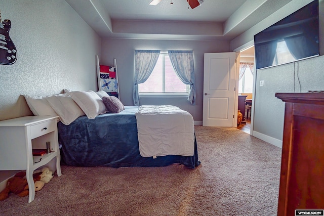 bedroom featuring carpet, a raised ceiling, multiple windows, and a textured wall