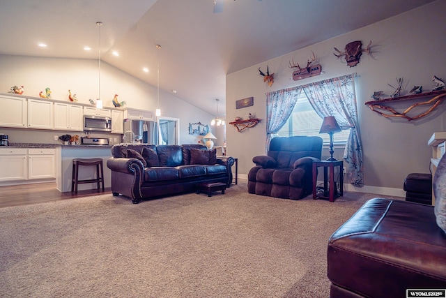 living room featuring high vaulted ceiling, carpet, baseboards, and recessed lighting