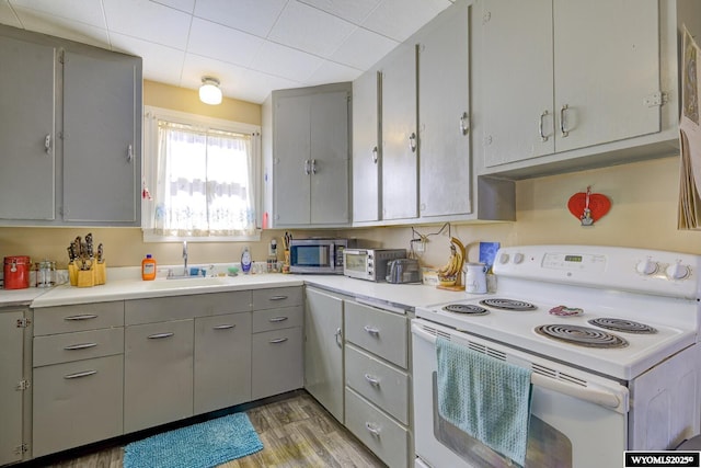 kitchen featuring electric stove, stainless steel microwave, gray cabinetry, light wood-style floors, and a sink