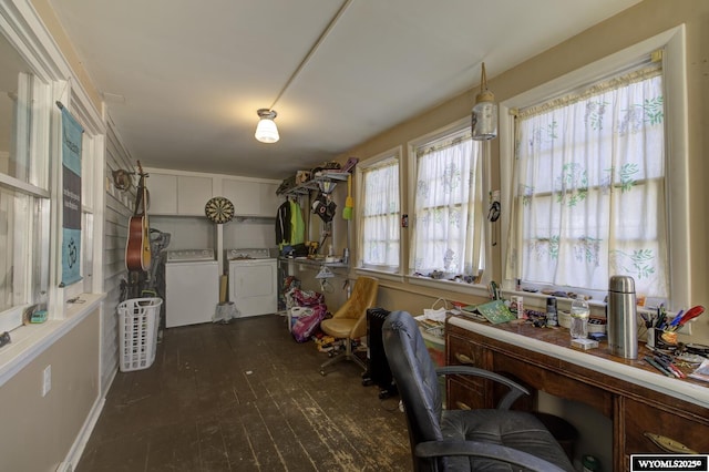 office with independent washer and dryer and hardwood / wood-style flooring