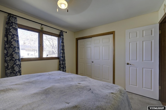 unfurnished bedroom with carpet, ceiling fan, and a closet