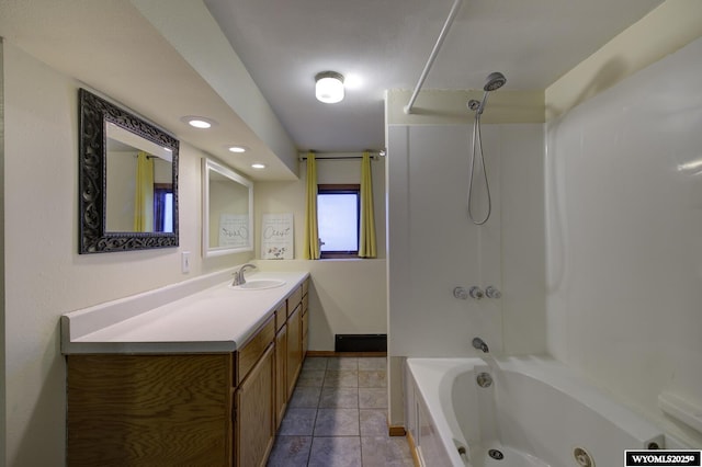 bathroom with tile patterned floors, recessed lighting, vanity, and shower / bathing tub combination