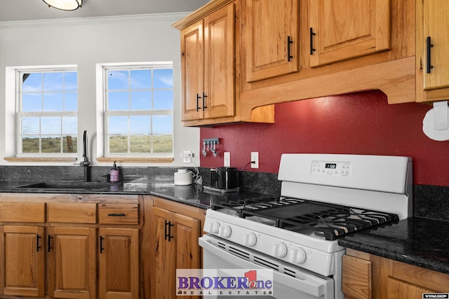 kitchen featuring white gas stove, dark stone countertops, ornamental molding, and a sink