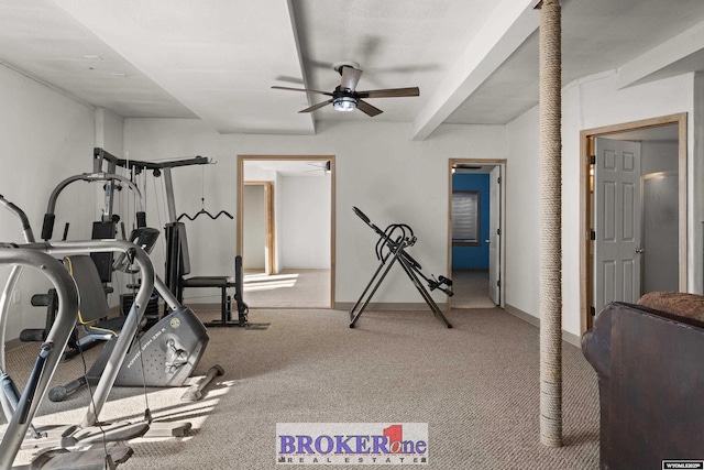 workout area featuring carpet, baseboards, and ceiling fan