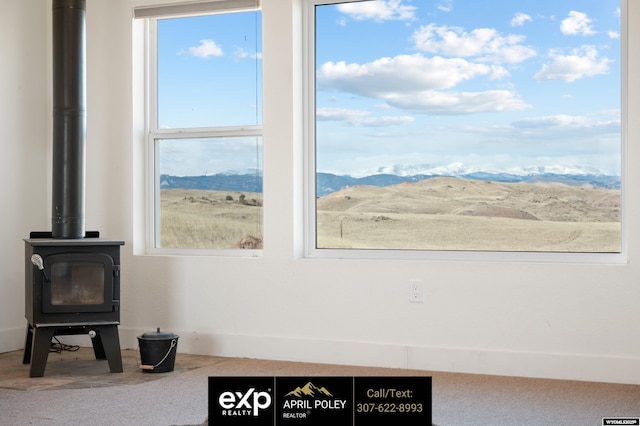 room details with carpet, a wood stove, and a mountain view