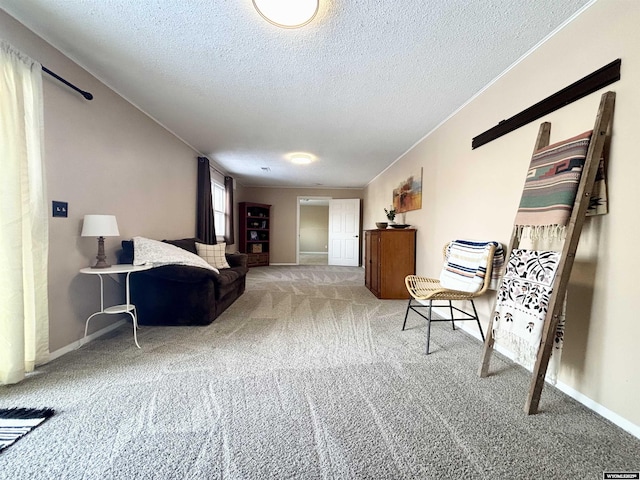 living area featuring carpet, baseboards, and a textured ceiling