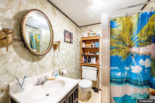 bathroom with a shower with curtain, toilet, ornamental molding, wallpapered walls, and vanity