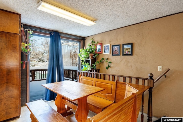 dining room with a textured wall and a textured ceiling