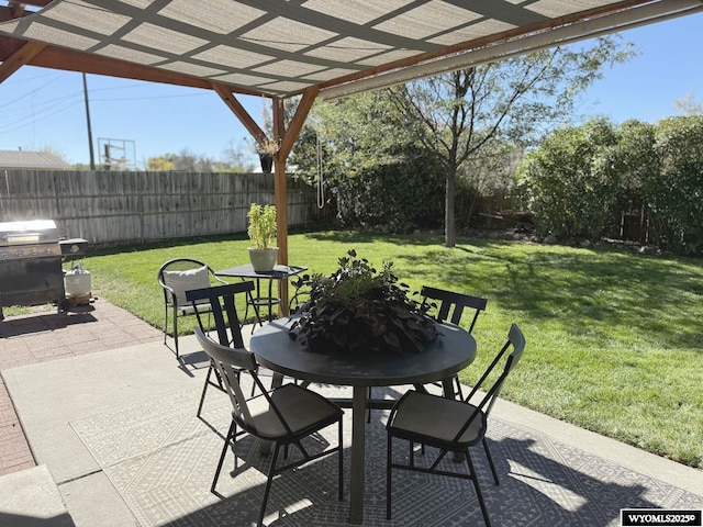 view of patio with outdoor dining space, a pergola, and a fenced backyard