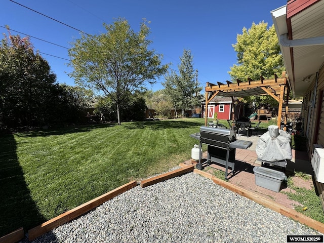 view of yard with a patio, an outbuilding, and a pergola