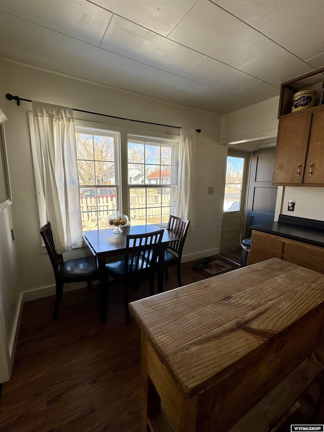 dining space featuring baseboards and dark wood-type flooring