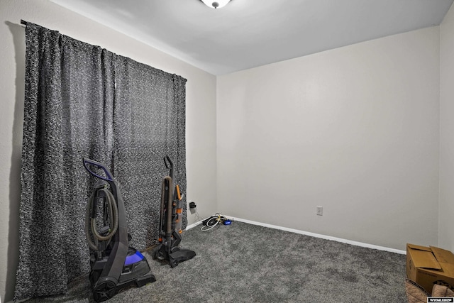 exercise area with baseboards and carpet flooring
