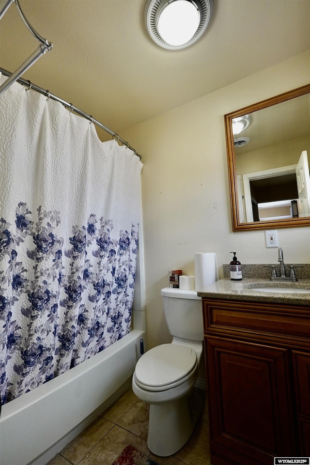 full bath with tile patterned floors, visible vents, toilet, shower / tub combo, and vanity