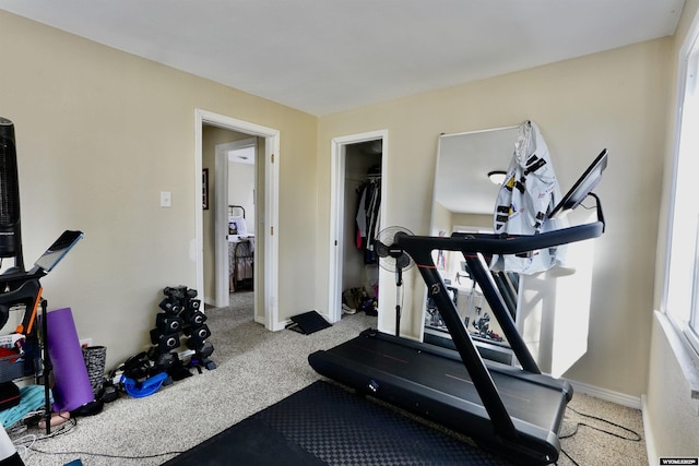 exercise area with baseboards and carpet floors