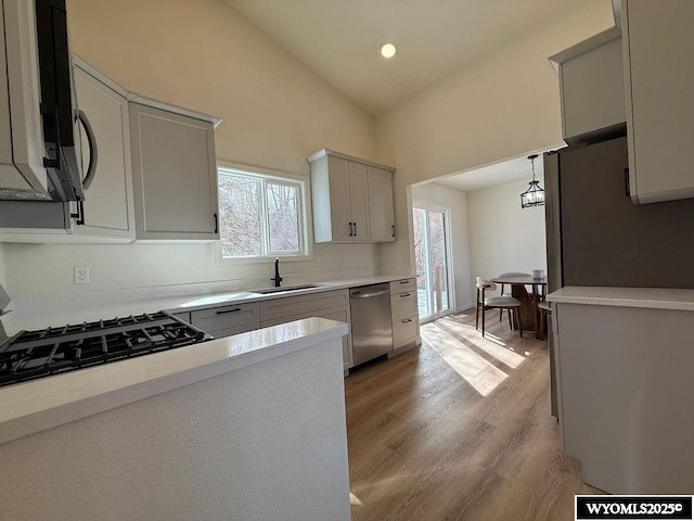 kitchen featuring a sink, dishwasher, light wood-style flooring, and light countertops