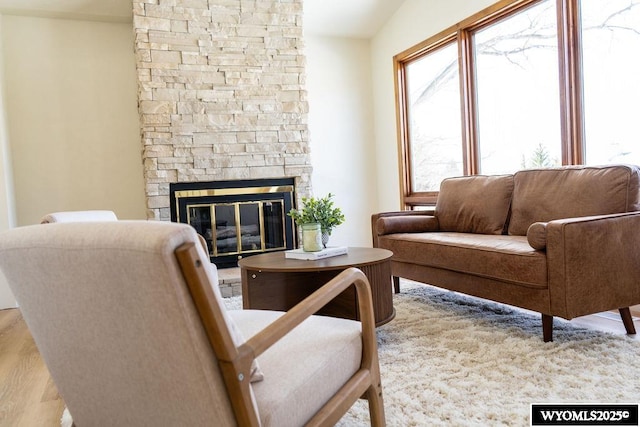 living room featuring a stone fireplace and wood finished floors