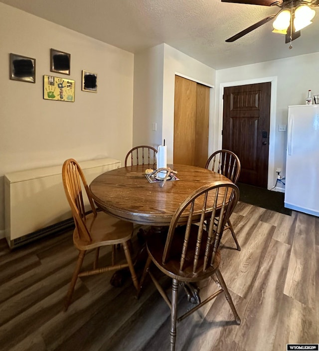 dining room featuring a ceiling fan, wood finished floors, and a textured ceiling