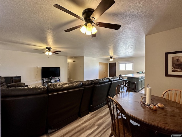 living area with a textured ceiling and light wood-style floors