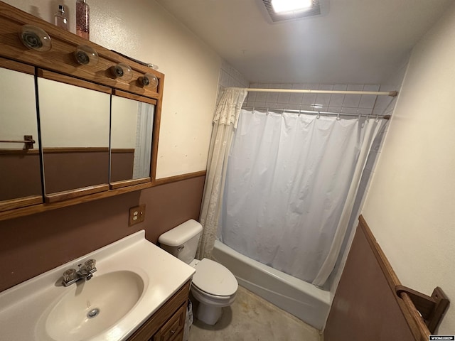 bathroom featuring visible vents, shower / bath combination with curtain, toilet, and vanity