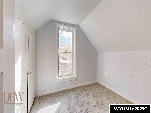 additional living space with carpet flooring, baseboards, and vaulted ceiling
