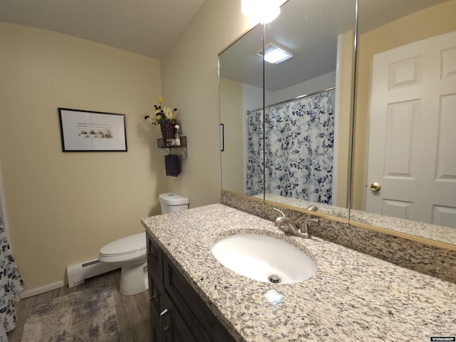 full bath featuring curtained shower, a baseboard heating unit, toilet, wood finished floors, and vanity