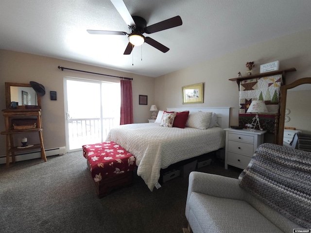 bedroom with access to outside, carpet flooring, a ceiling fan, and a baseboard radiator