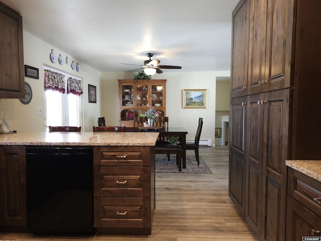 kitchen featuring light wood-style flooring, a peninsula, dark brown cabinets, ceiling fan, and dishwasher