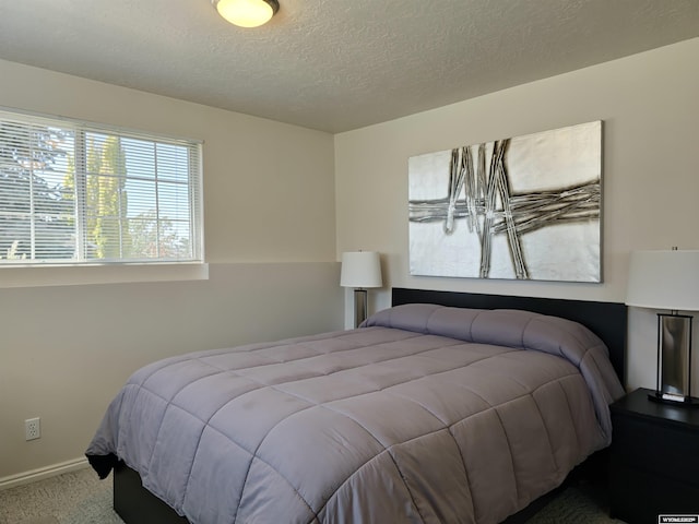 carpeted bedroom with baseboards and a textured ceiling