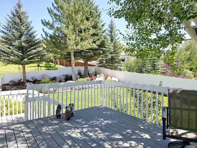 wooden terrace featuring a yard and a fenced backyard