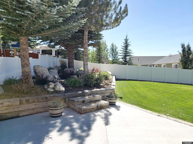 view of yard featuring a patio area and a fenced backyard