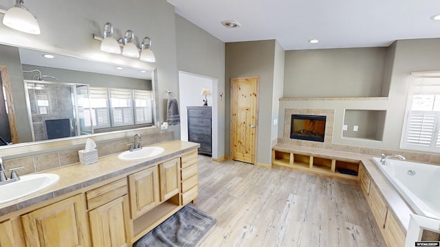 full bath with a shower stall, a fireplace, a wealth of natural light, and a sink