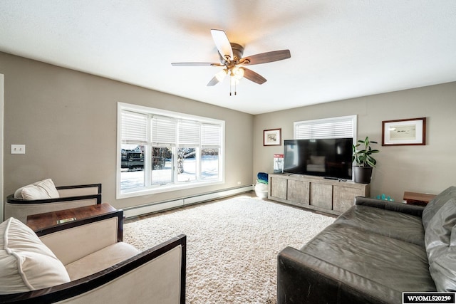 living room featuring plenty of natural light, a ceiling fan, and baseboard heating