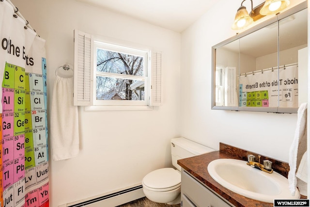 bathroom with a shower with shower curtain, a baseboard radiator, toilet, and vanity